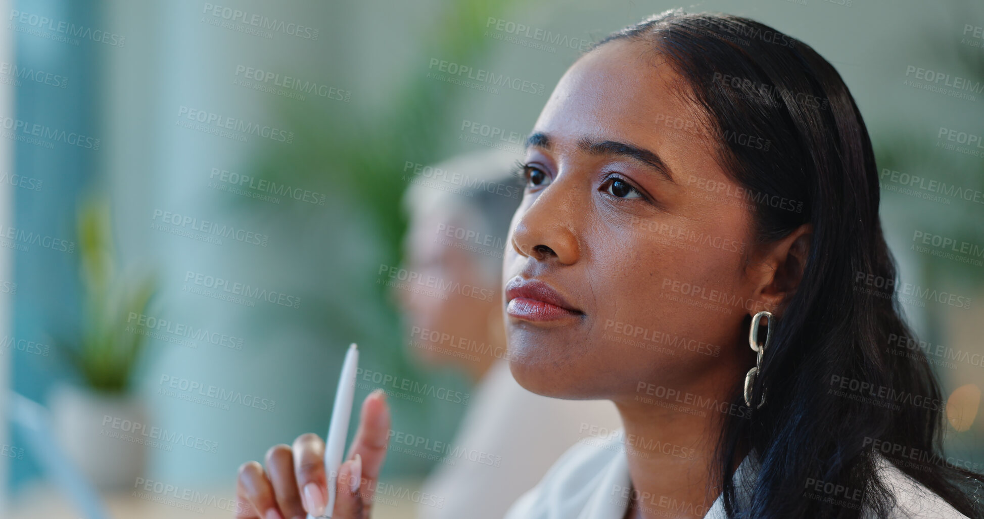 Buy stock photo Thinking, pen and business with woman, ideas or planning with decision, creative or choice with solution for project. Reporter, journalist or writer with brainstorming or inspiration for company blog