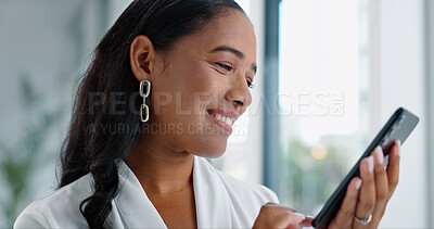 Business woman, speaker phone call and smile at window in modern office for communication, contact or networking. Person, smartphone and voice notes with recording, conversation or reminder on app