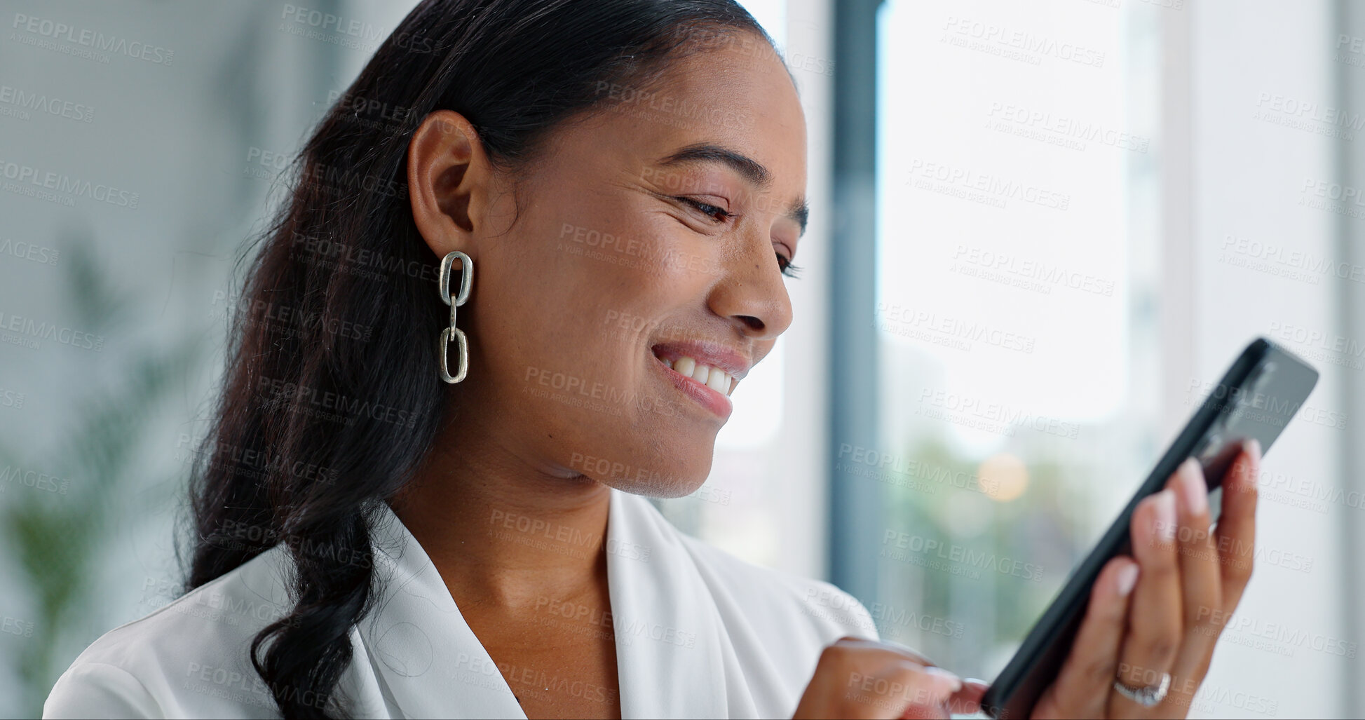 Buy stock photo Business woman, tablet and reading in hallway at modern office with communication, vision and networking. Person, touchscreen and typing with thinking, application and problem solving in workplace