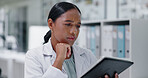Laboratory, thinking and woman with tablet for medical study, results or reading online review. Digital app, research and scientist on internet for ideas, brainstorming and checking science report.