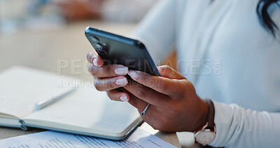 Research, notebook and hands of person with phone and typing a search online for information or news. Business, woman and scroll schedule on internet with smartphone for planning and writing email