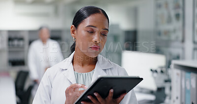 Science, reading and woman in lab with tablet for medical study, results or online review. Digital app, research and scientist in laboratory on internet for ideas, brainstorming and checking report.