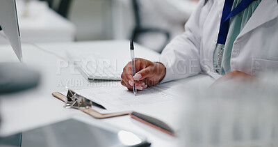 Hand, laboratory and checklist on clipboard or healthcare research for breakthrough, science or innovation. Person, fingers and pen at desk for vaccine investigation or project results, cure or form