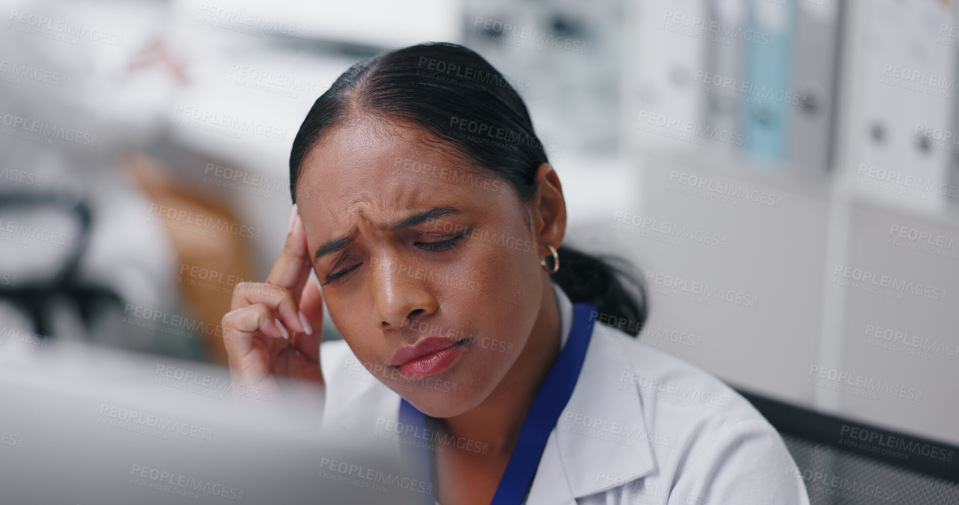 Buy stock photo Stress, headache and woman scientist in laboratory reading information online for project. Migraine, technology and face of female researcher with fatigue working on desktop for pharmaceutical study.