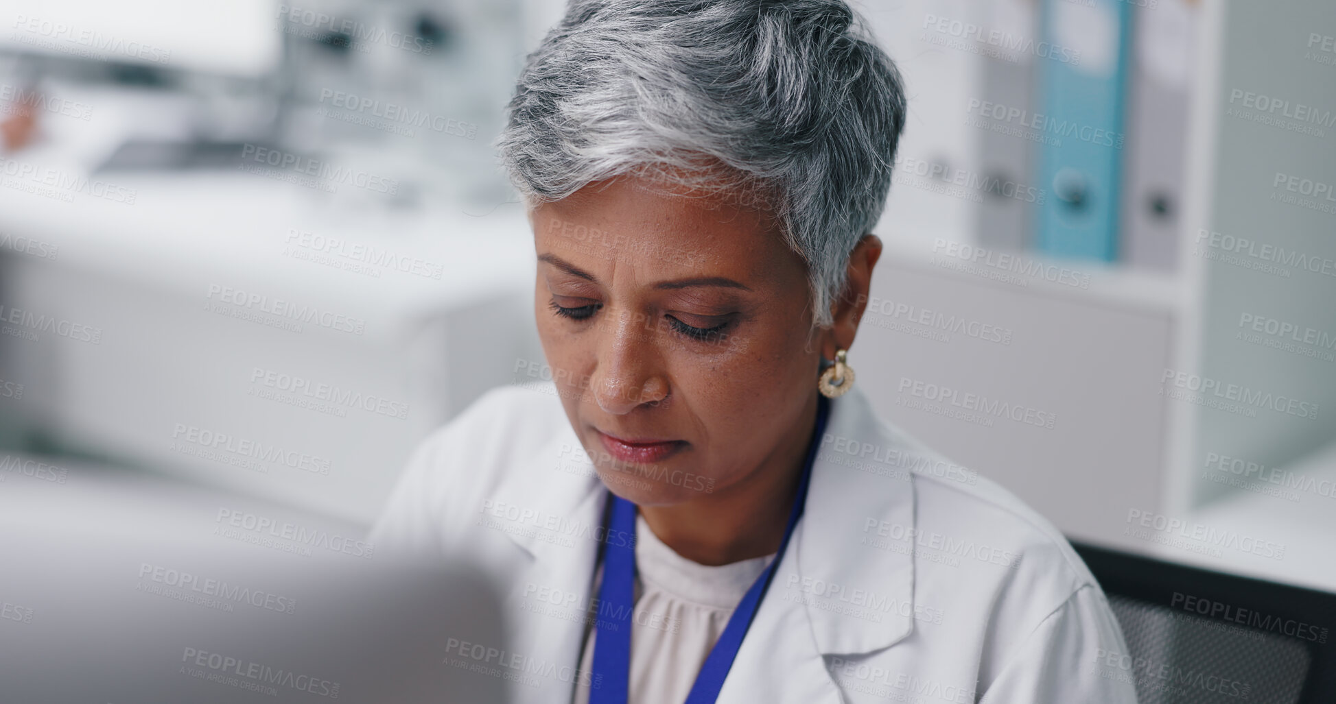 Buy stock photo Computer, thinking and senior woman scientist in laboratory reading information online for project. Ideas, technology and face of mature female researcher working on desktop for pharmaceutical study.