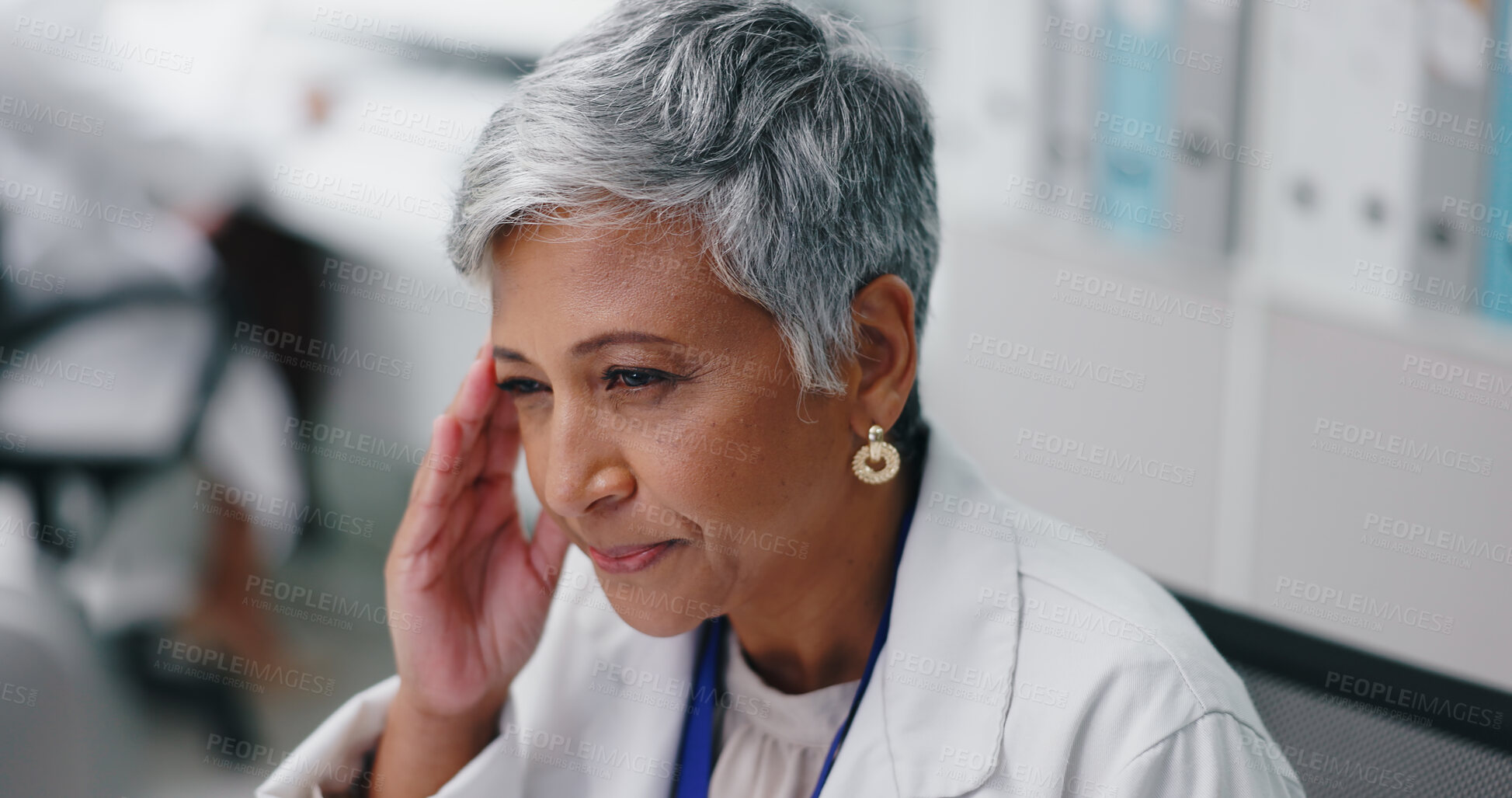 Buy stock photo Stress, headache and senior woman scientist in laboratory reading information online for project. Migraine, technology and female researcher with fatigue working on desktop for pharmaceutical study.