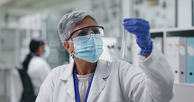 Woman, face mask and test tube for lab, experiment and study to research, health and innovation. Female scientist, pharmacist or hospital tech as glass beaker for medical, development and chemistry