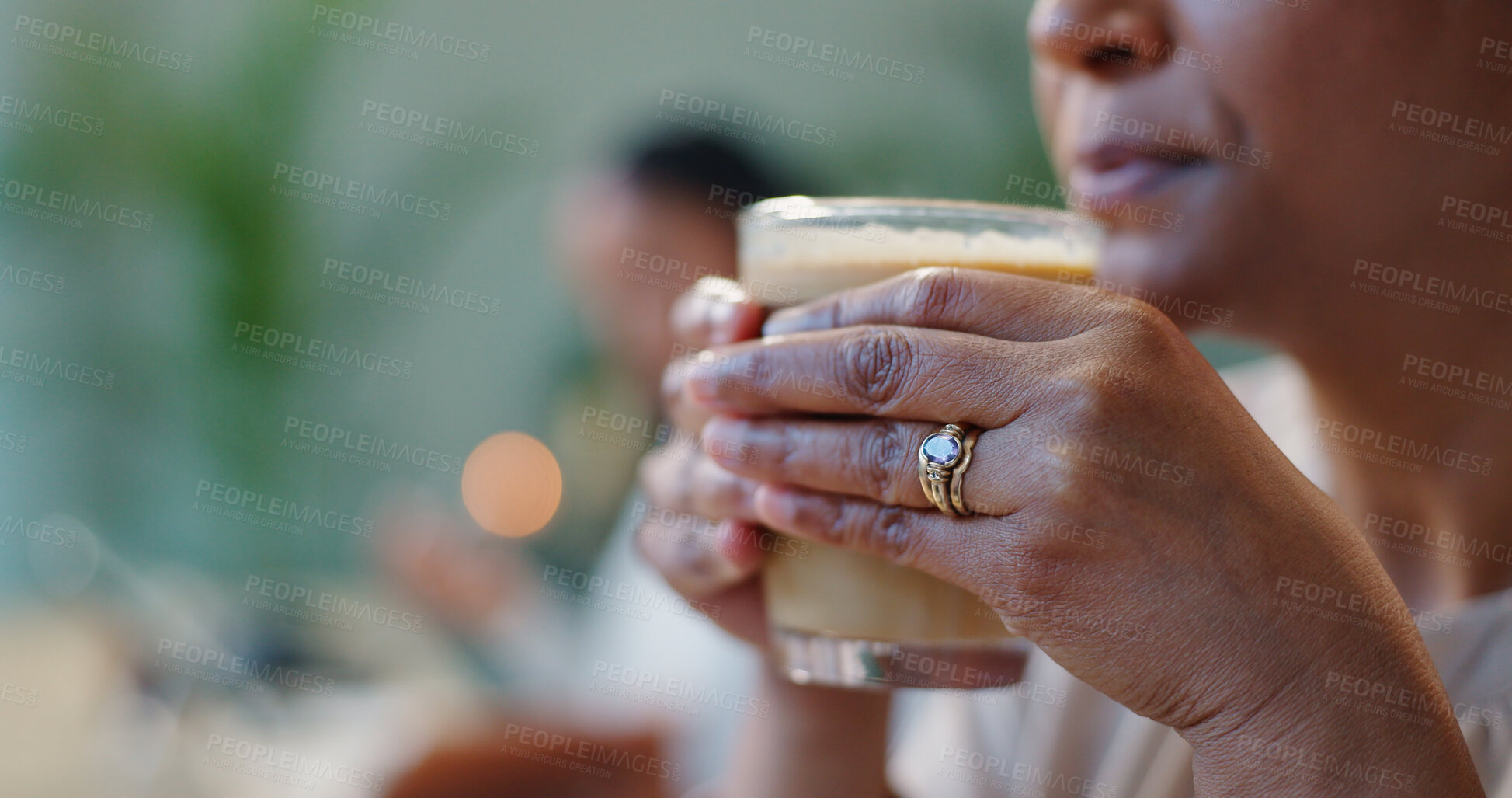 Buy stock photo Mature woman, happy and coffee at cafe on break, relax and warm beverage for wellness in morning. Person, drinking and espresso for energy in restaurant, peace and blowing a hot drink on vacation