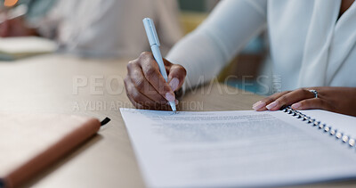 Contract, signature and hands of corporate woman with document, paperwork and agreement. Sign, deal and legal policy with attorney and office work at desk at property law firm with employer approval