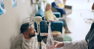 Hospital, healthcare and closeup of IV drip for medicine, drug infusion and medication dose for patient. Wellness, clinic and liquid, fluid and antibiotics for treatment, sickness and medical care
