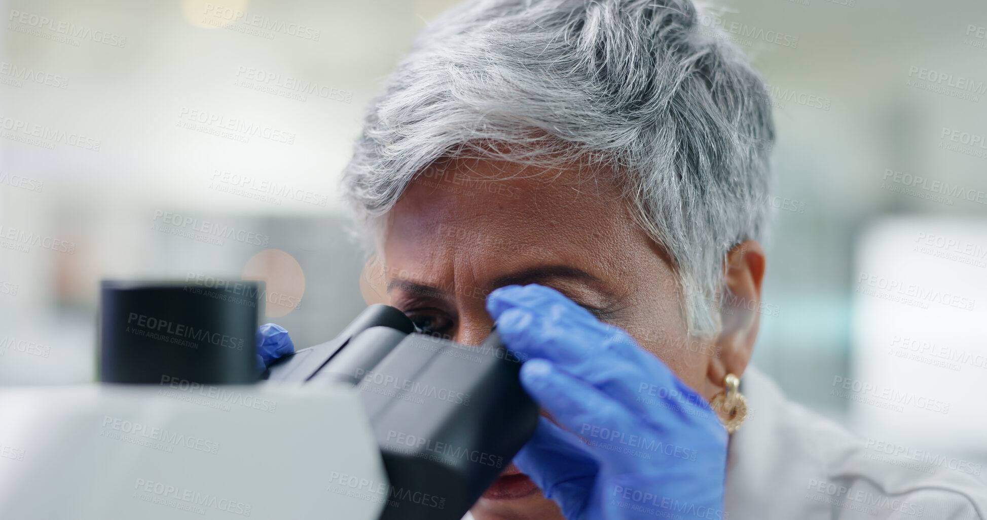 Buy stock photo Woman, microscope and laboratory medical research as scientist or cure breakthrough, development or wellness. Mature person, equipment and futuristic healthcare or experiment, investigation or sample