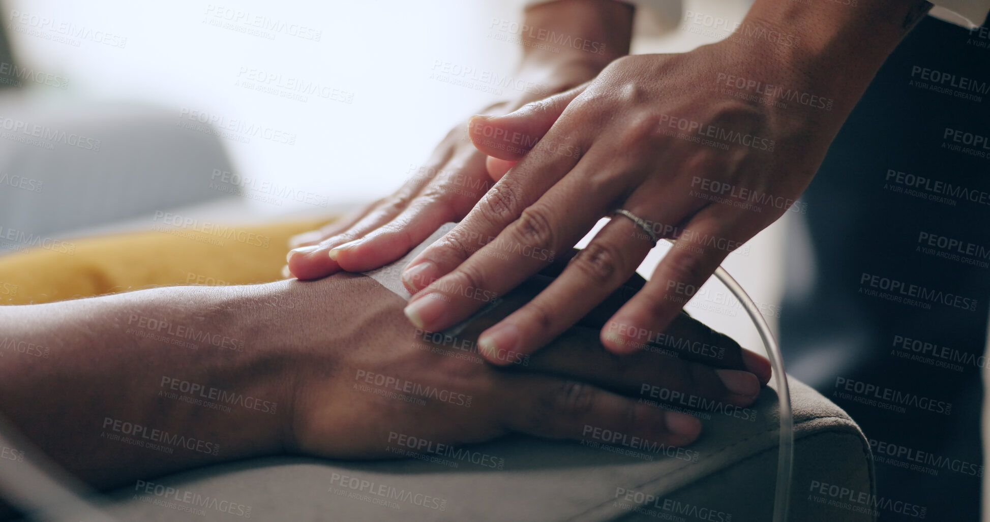 Buy stock photo Nurse, IV needle and plaster at a hospital with vaccine and healthcare infusion with virus. Medicine, clinic and medical support with patient and doctor helping with blood sample for health treatment