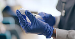 Hands, gloves and doctor with vaccine for health, medicine in bottle and syringe, injection and safe from virus or disease. Closeup of medical staff, person with needle for drugs and healthcare