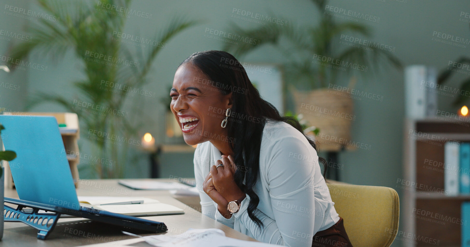 Buy stock photo Happy business woman, laptop and video call in office, applause and celebration for achievement at work. Pc, success and consultant in online conference, cheering and clapping hands for motivation