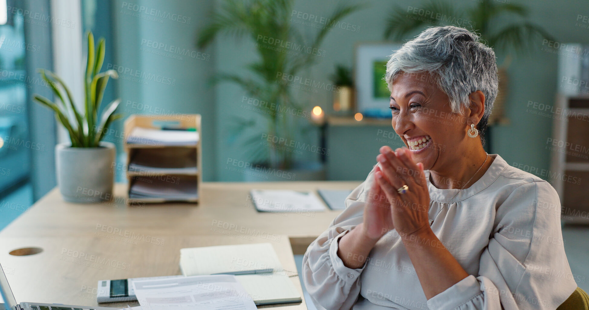 Buy stock photo Business woman, happy and applause on video call on laptop and celebration for team achievement on project. Accounting, success and clapping hands for speaker on computer and sales for company growth