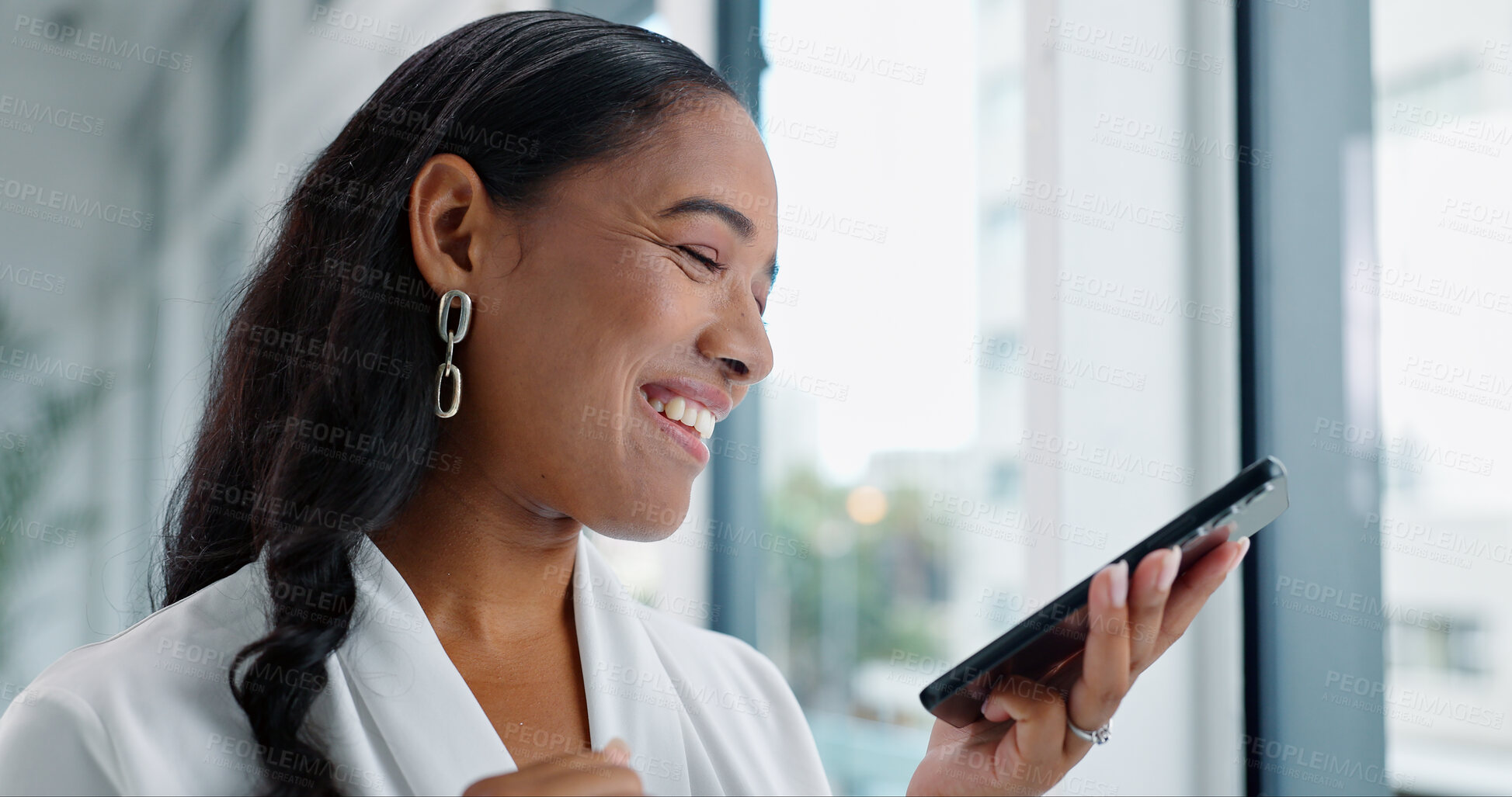 Buy stock photo Business woman, tablet and reading in hallway at modern office with communication, vision and networking. Person, touchscreen and typing with thinking, application and problem solving in workplace