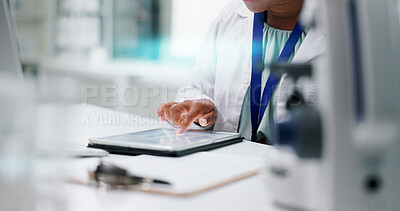 Laboratory, research and hands of person with tablet for medical science, study results or online review. Digital app, scroll and scientist with internet search for info on pharmaceutical website.