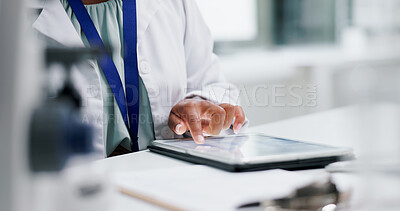 Laboratory, research and hands of person with tablet for medical science, study results or online review. Digital app, scroll and scientist with internet search for info on pharmaceutical website.