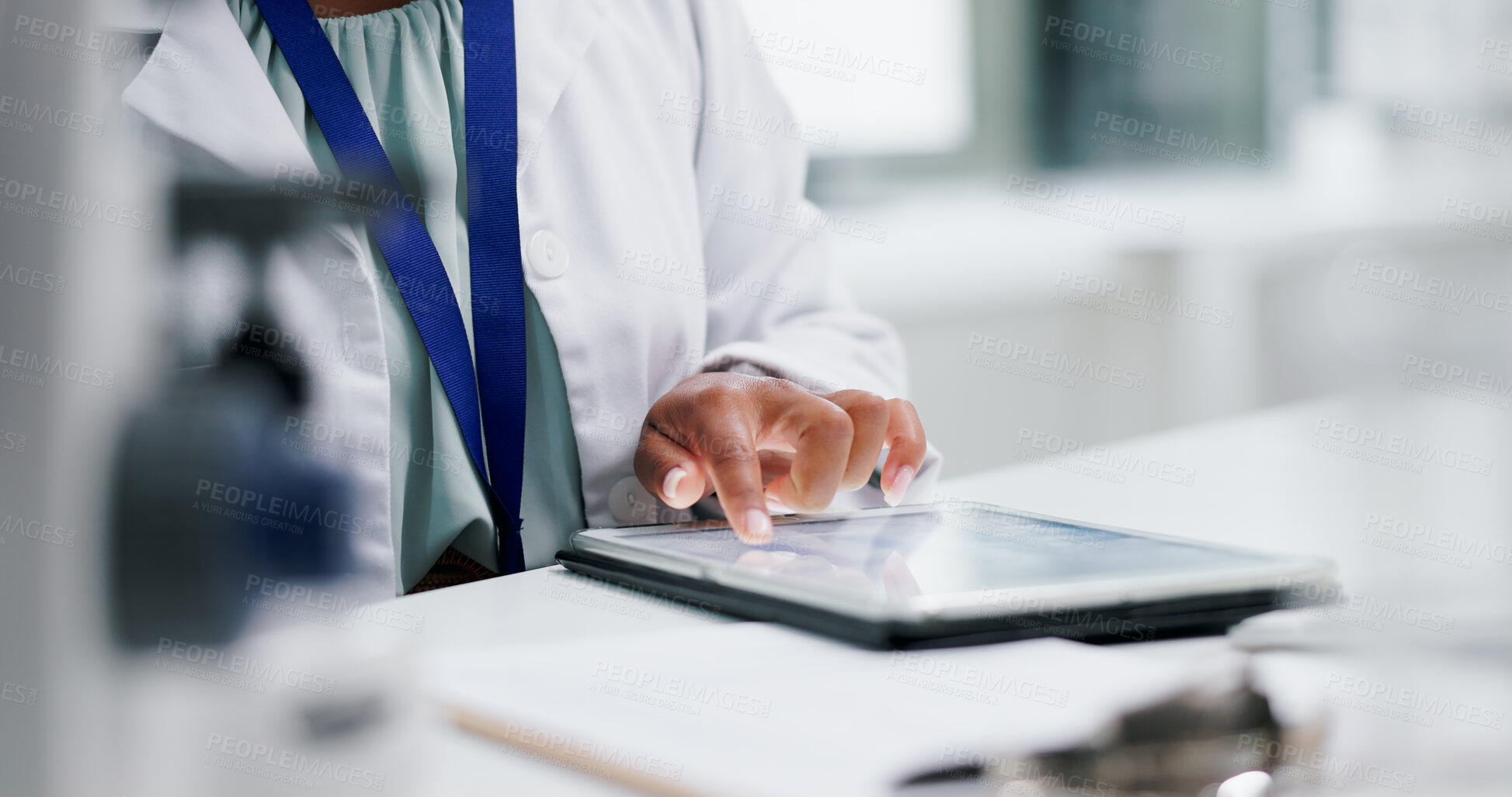 Buy stock photo Laboratory, research and hands of person with tablet for medical science, study results or online review. Digital app, scroll and scientist with internet search for info on pharmaceutical website.
