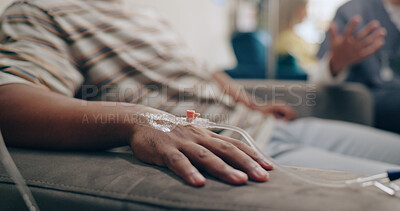 Nurse, IV needle and hands at a hospital with vaccine and healthcare infusion with virus. Medicine, clinic and medical support with patient and doctor helping with blood sample for health treatment