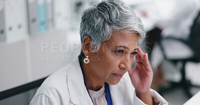 Woman, senior doctor and headache in lab, pain and stress with medical research crisis and burnout. Migraine, hurt and scientist with brain fog, fatigue and temple massage for tension in workplace