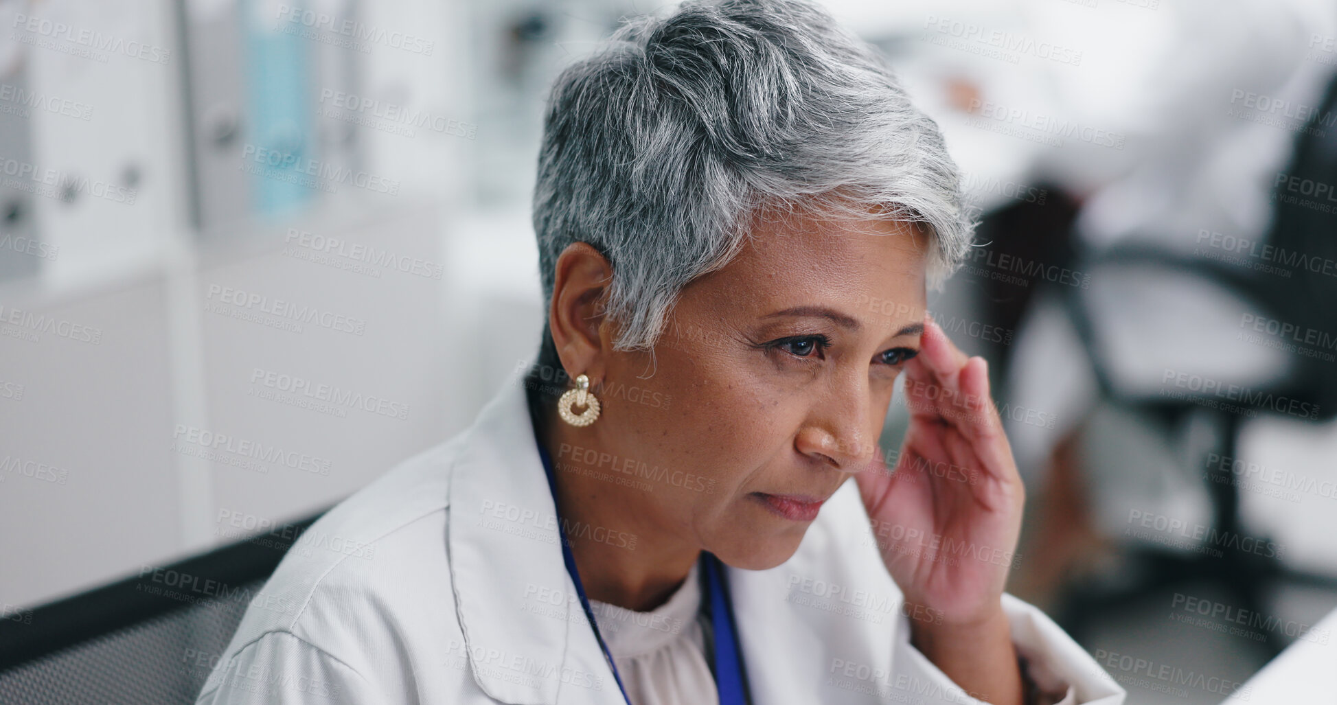 Buy stock photo Woman, senior doctor and headache in lab, pain and stress with medical research crisis and burnout. Migraine, hurt and scientist with brain fog, fatigue and temple massage for tension in workplace