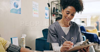 Happy woman, nurse and patient with clipboard for writing prescription, diagnosis or results at hospital. Young female person or scrub consulting client for heart rate, pulse or checkup at the clinic