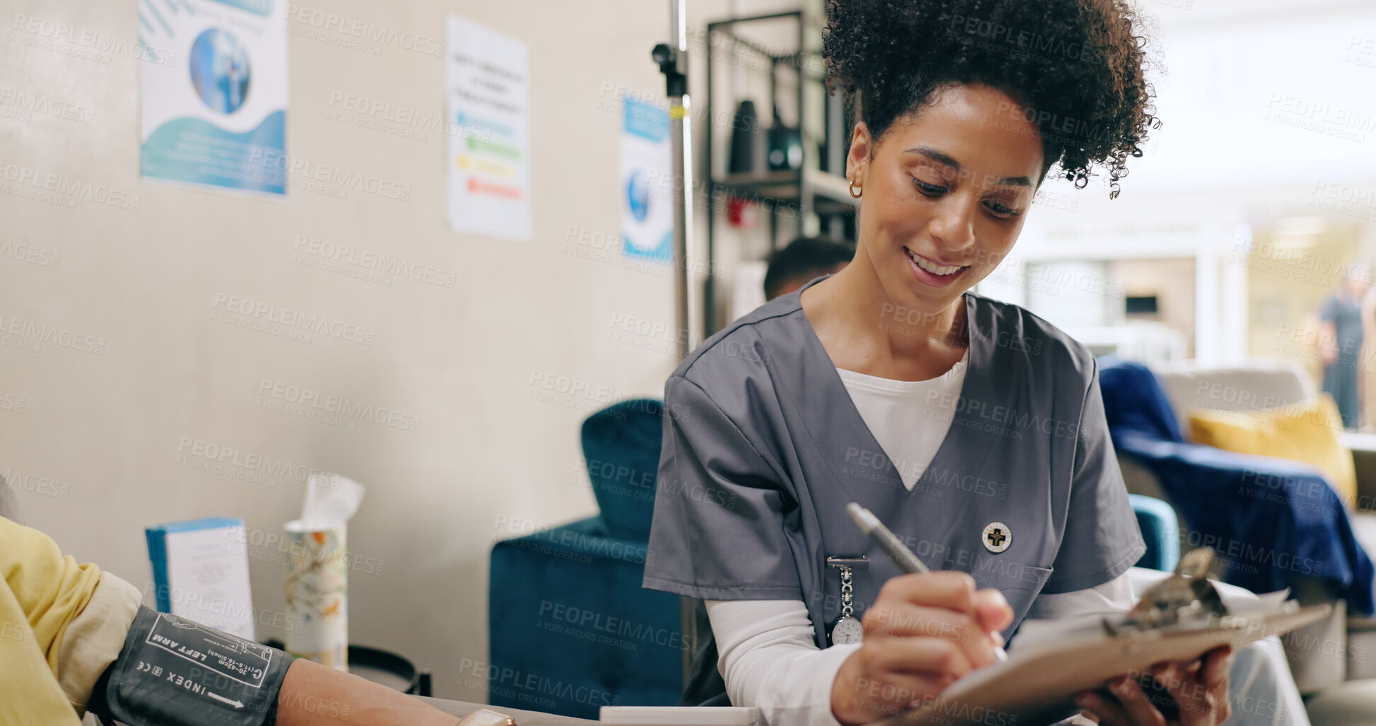 Buy stock photo Happy woman, nurse and patient with clipboard for writing prescription, diagnosis or results at hospital. Young female person or scrub consulting client for heart rate, pulse or checkup at the clinic