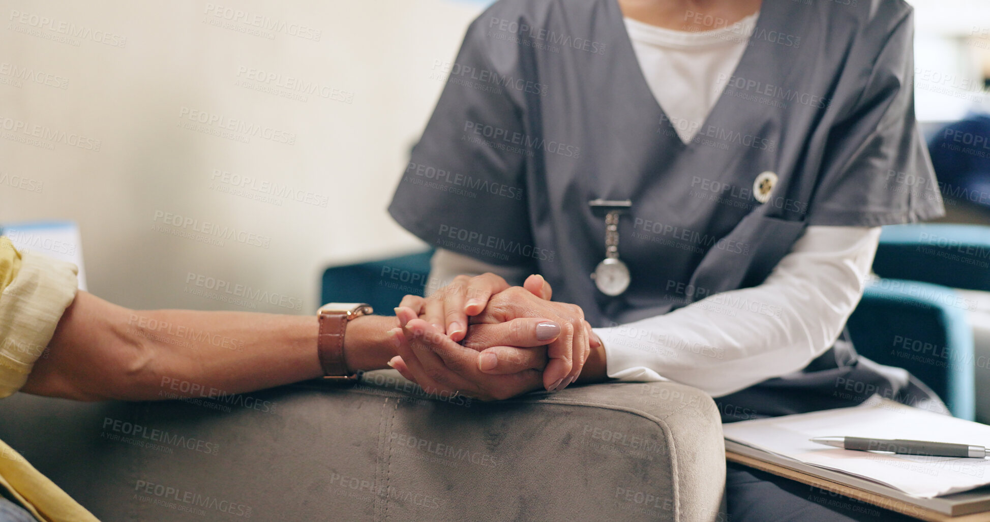 Buy stock photo Hospital, holding hands and nurse with patient for comfort, support and care for bad news. Healthcare, clinic and health worker with person after diagnosis, medical results and disease for empathy