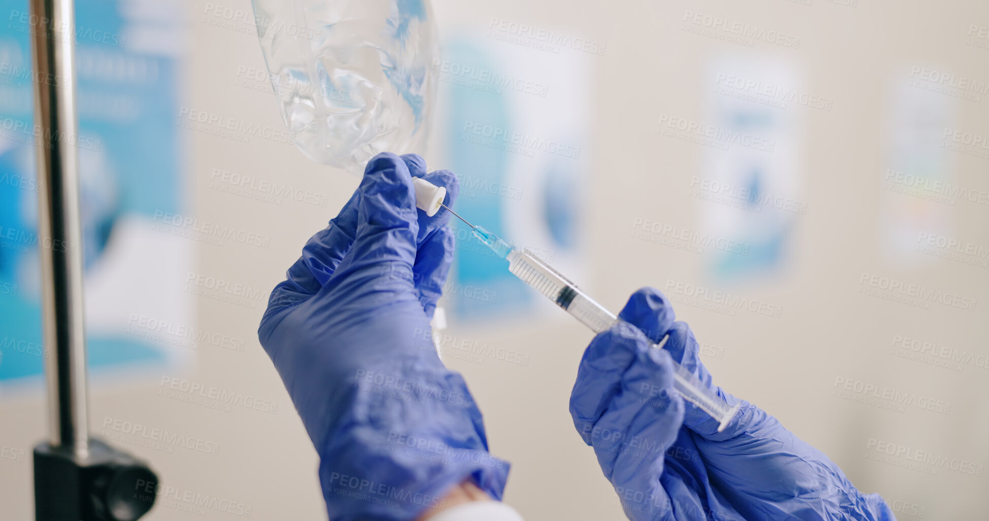 Buy stock photo Healthcare, IV drip and hands of nurse with syringe for medicine, infusion and medication dose for patient. Hospital, clinic and closeup of doctor with liquid for treatment, sickness and medical care