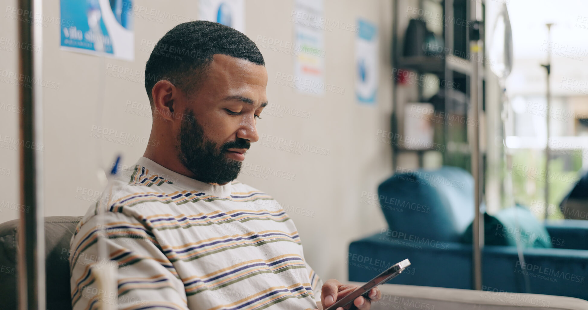 Buy stock photo Hospital, phone and man in chemotherapy with IV for cancer treatment, medication and medicine drip. Healthcare, wellness and person on smartphone for social media, website and online chat in clinic,IV Bar