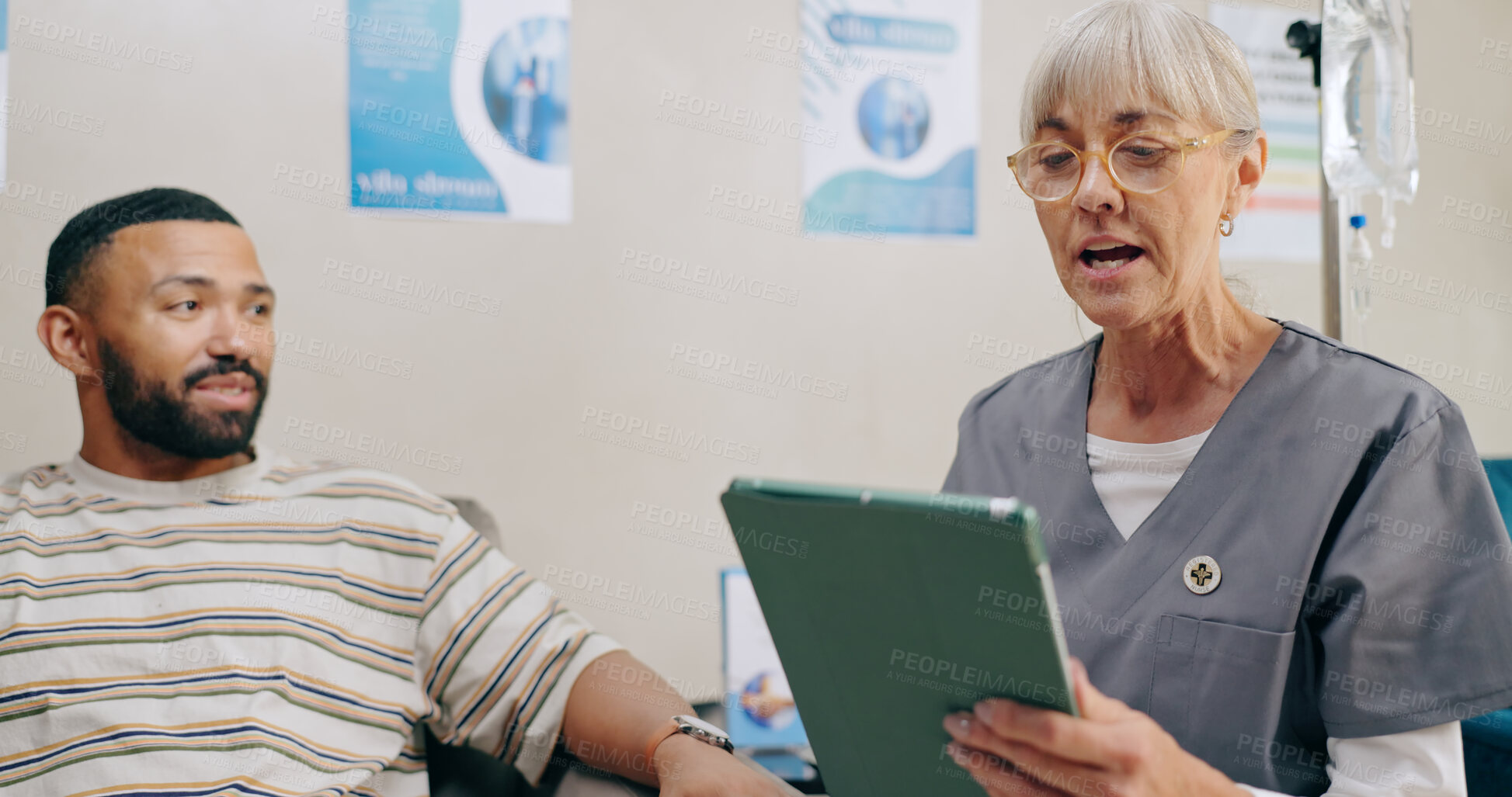 Buy stock photo Happy man, nurse and consultant with tablet for patient prescription, diagnosis or results at hospital. Male person and scrub consulting client on technology for appointment or checkup at the clinic