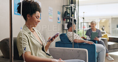 Buy stock photo Hospital, phone and people in chemotherapy with IV for cancer treatment, medication and medicine drip. Healthcare, wellness and patients on smartphone for social media, website and online in clinic,IV Bar