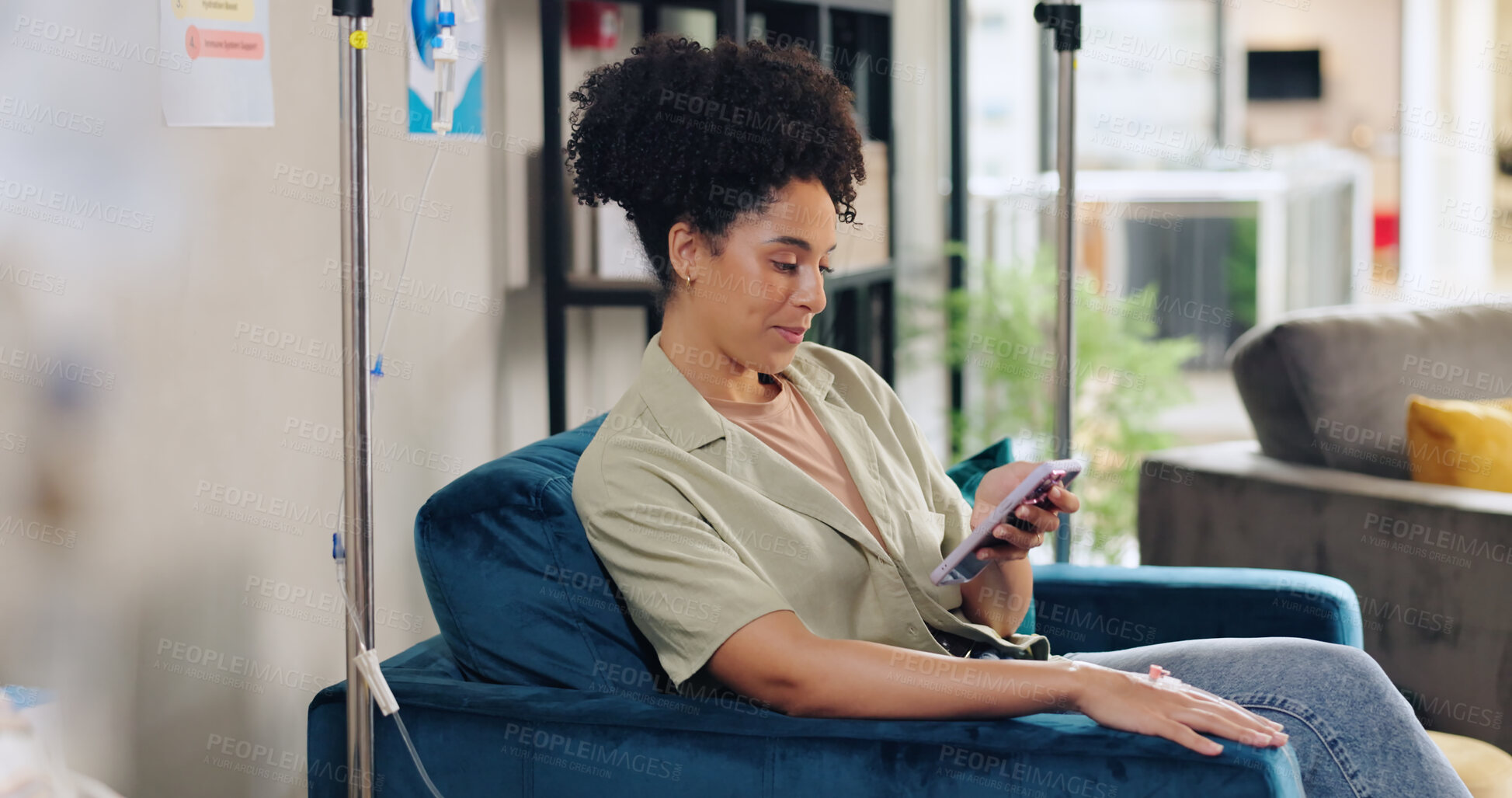 Buy stock photo Hospital, IV drip and woman in chemotherapy with phone for cancer treatment, medication and medicine. Healthcare, wellness and person on smartphone for social media, website and online chat in clinic