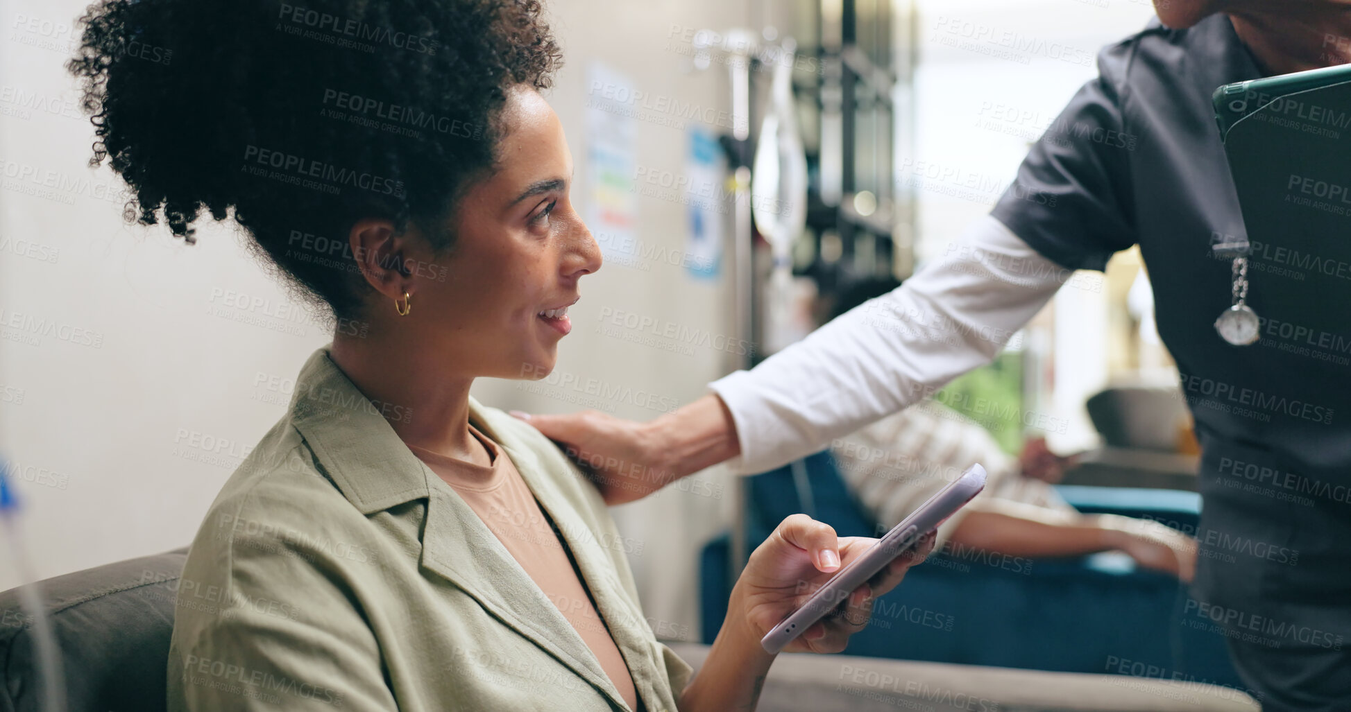 Buy stock photo Happy woman, nurse and patient with phone for checkup, healthcare or appointment in lounge at hospital. Female person with scrub on mobile smartphone for test or examination in waiting room at clinic