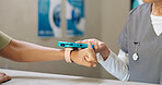 Healthcare, hands and smart watch payment with card reader at hospital for health, treatment or help. Medical, insurance and nurse with patient for wristwatch scan, insurance or digital transaction