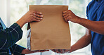 Hands, package and paper bag as delivery with customer or client order, parcel and courier. People, shopping and online with service at postal address or workplace as employee in retail and together