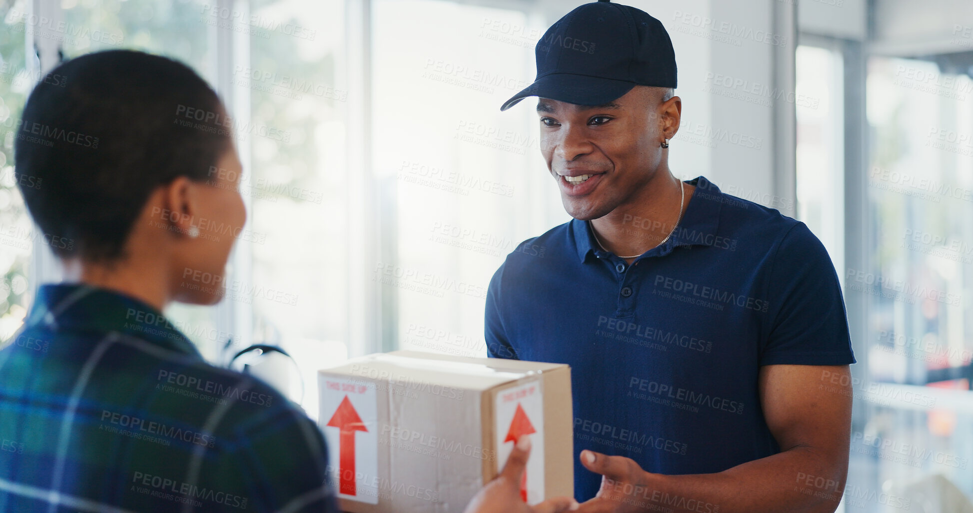 Buy stock photo Black man, package and smile for delivery at office with customer or client order in box, parcel and courier. People, happy and certified as employee with service at postal address or workplace