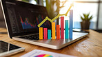 Color, home and laptop with graphs, seo and planning for funding or campaign for company growth. House, computer or chart with development or statistics with data analysis or information for business