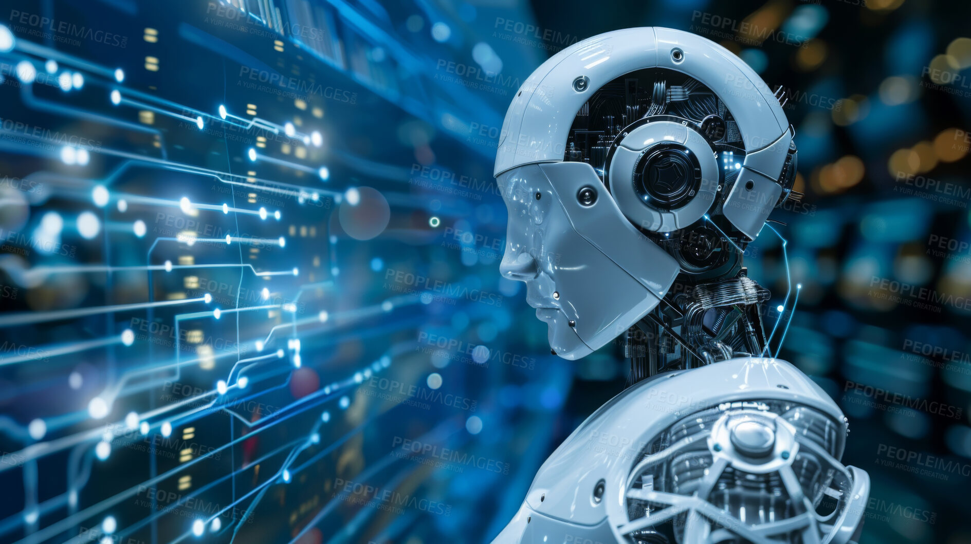 Buy stock photo Robot, ai and digital transformation with cyber tech, android and metaverse with software development for machine learning. Cyborg, connection and scifi abstract, innovation and invention for future