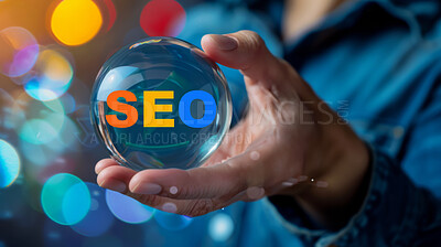 Internet, seo and hand with crystal ball for search, connection and networking for digital marketing. Future, online research and benefits of target market analysis for web connection or optimization