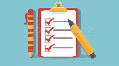 Illustration, survey and clipboard with checklist or stationery for project, task and schedule. Abstract, pencil and questionnaire with blank page or sheet for ideas, notes and planning for task