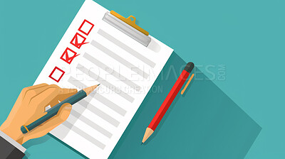 Illustration, hand and clipboard with checklist or stationery for project, task and schedule. Abstract, pencil and questionnaire with blank page or sheet for ideas, notes and planning for task
