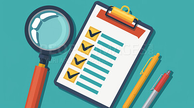 Illustration, stationery and clipboard with checklist or survey for project, task and schedule. Abstract, pencil and questionnaire with blank page or sheet for ideas, notes and planning for task