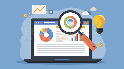 Illustration, laptop and graph with statistics or data with stationery for project, task and schedule. Abstract, screen and information with presentation, feedback and review for task or project