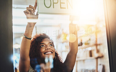 Buy stock photo Window, cafe and woman with open sign for front door announcement, welcome and coffee shop offer. Business, glass and happy girl server with storefront information at restaurant for customer service