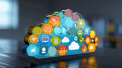 Cloud computing, tech and 3D icons for app, digital transformation and internet for connectivity. Future, software and social network UI for data security, database integration and media management