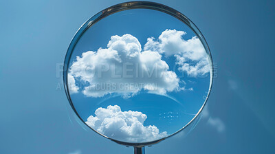 Sky, search and magnifying glass with clouds for space discovery, atmosphere and explore. Detective, inspection and equipment, lens and tools for nature, research and discovery on blue background
