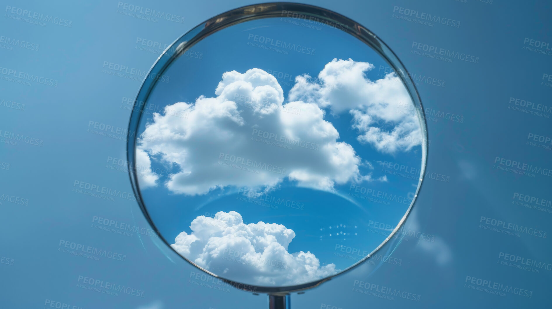 Buy stock photo Sky, search and magnifying glass with clouds for space discovery, atmosphere and explore. Detective, inspection and equipment, lens and tools for nature, research and discovery on blue background