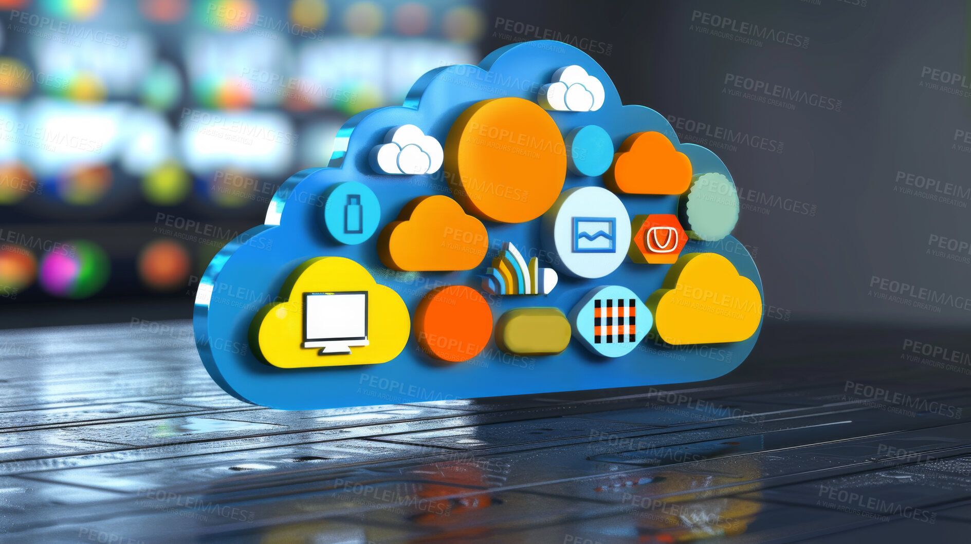 Buy stock photo Cloud computing, 3D icons and app with technology, digital transformation and web for connectivity. Future, software and social network for data security, database integration and media management